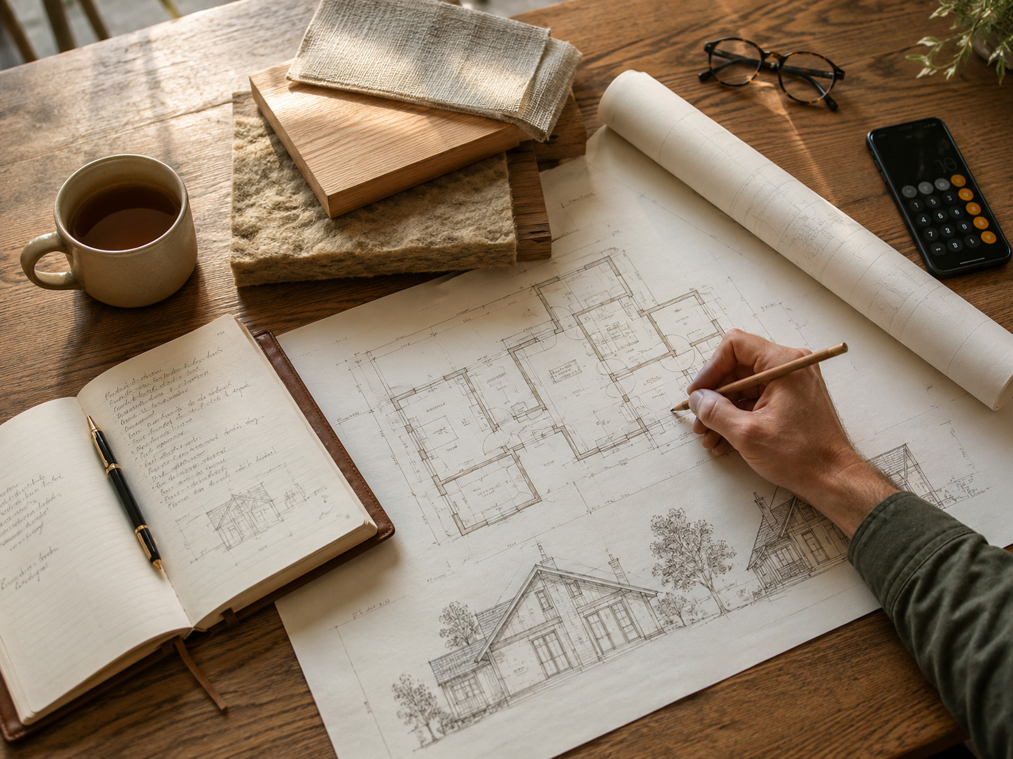Self-builder reviewing architectural drawings and material samples at home - a quiet moment of active learning during a self-build project.