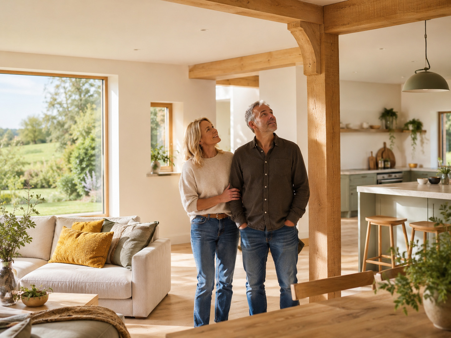 Self-builders inside their newly completed timber frame home, looking at an exposed timber detail - a calm, lasting connection to the home they built.