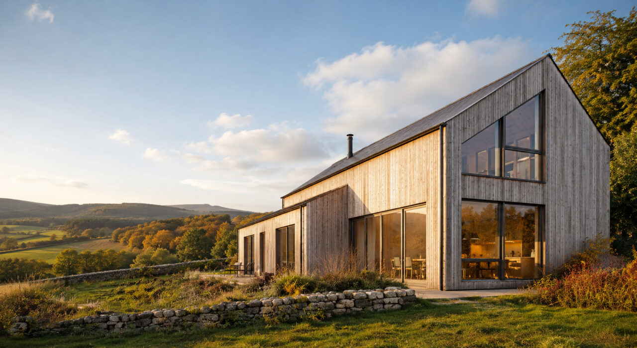 Completed timber frame self-build home in a rural UK setting