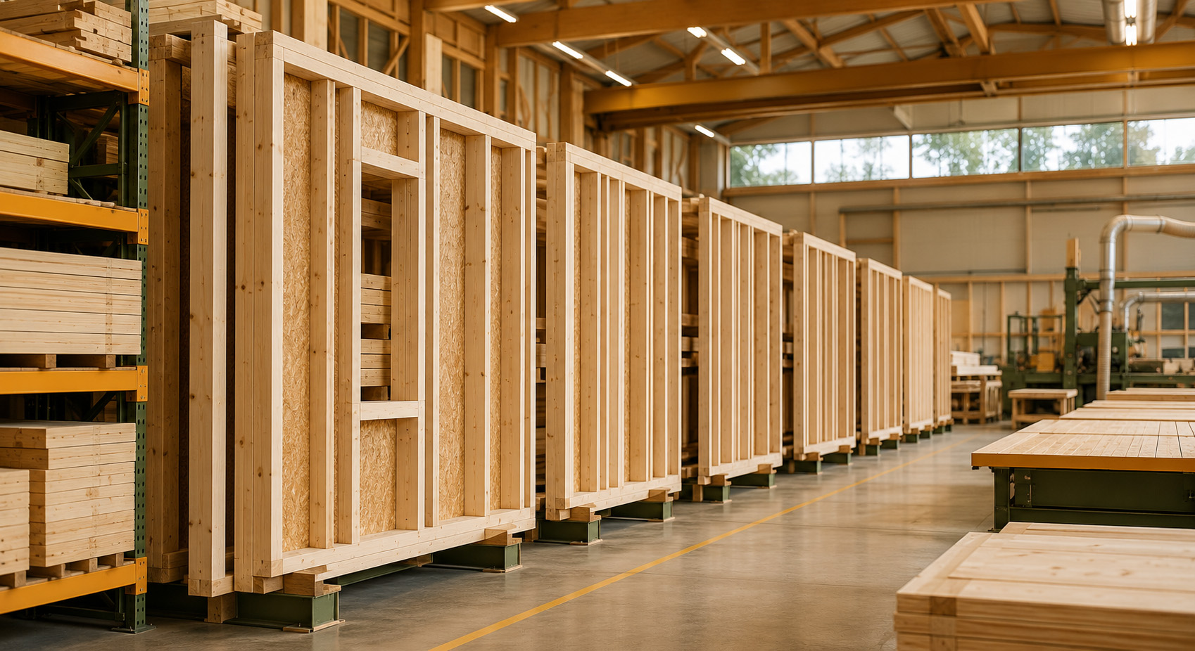 Timber frame panels under covered factory conditions, protected from weather