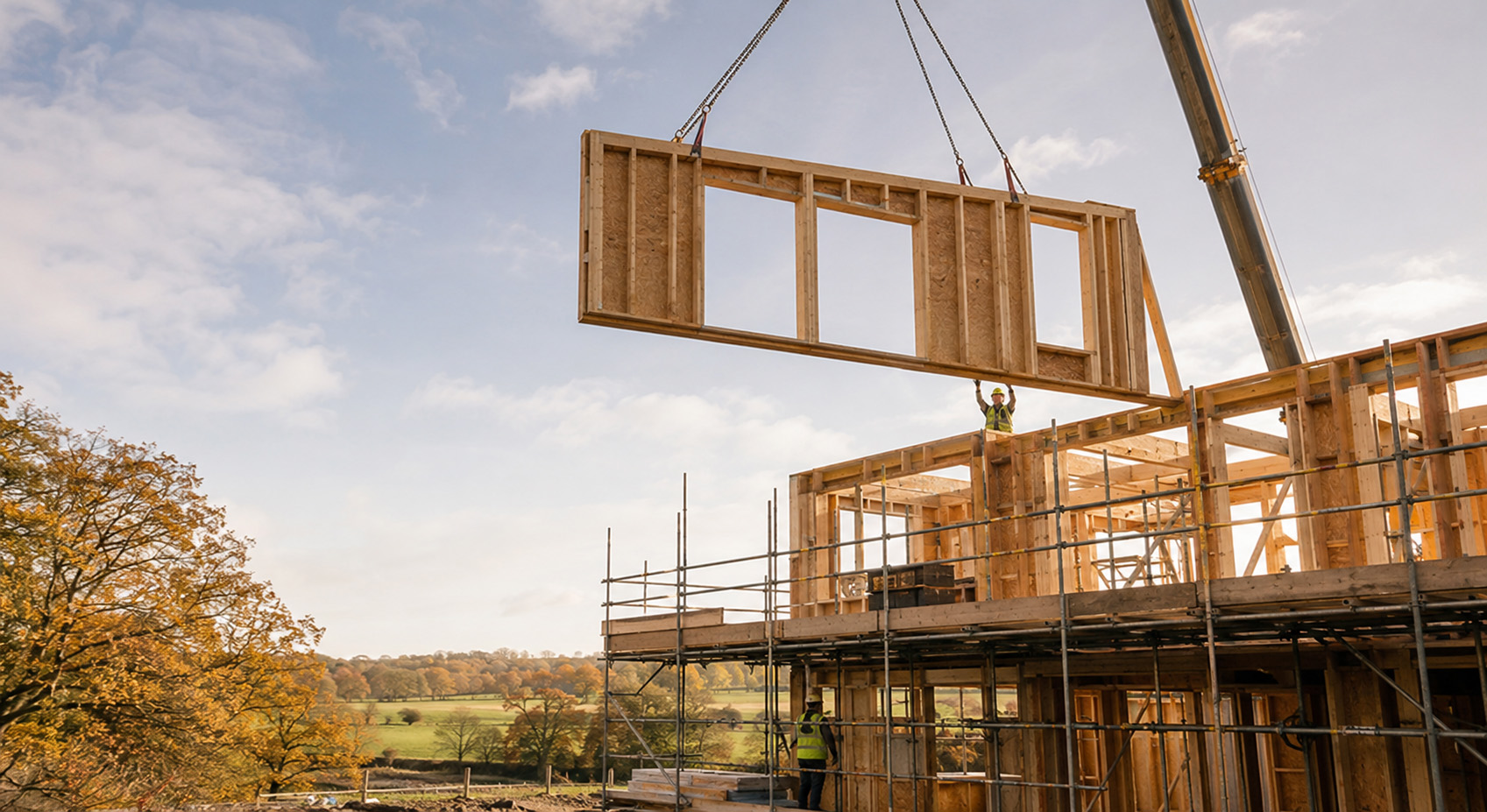 Timber frame home at wind and watertight stage, two weeks after erection begins