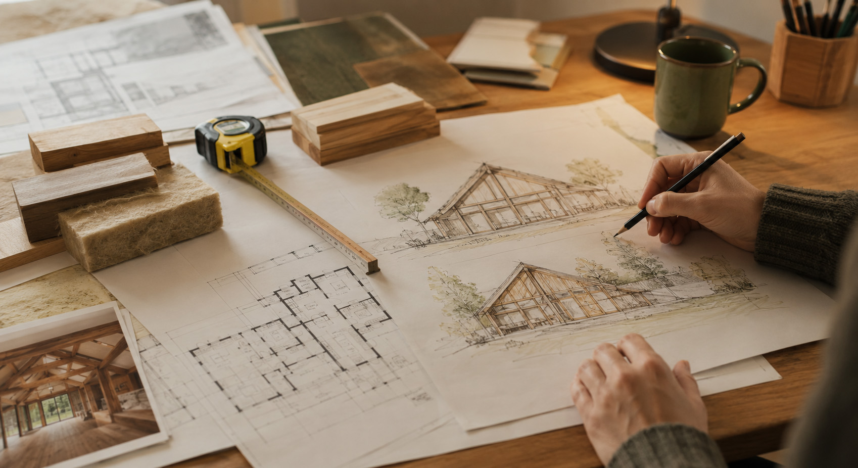 Fleming Homes team reviewing self-build design drawings before fabrication
